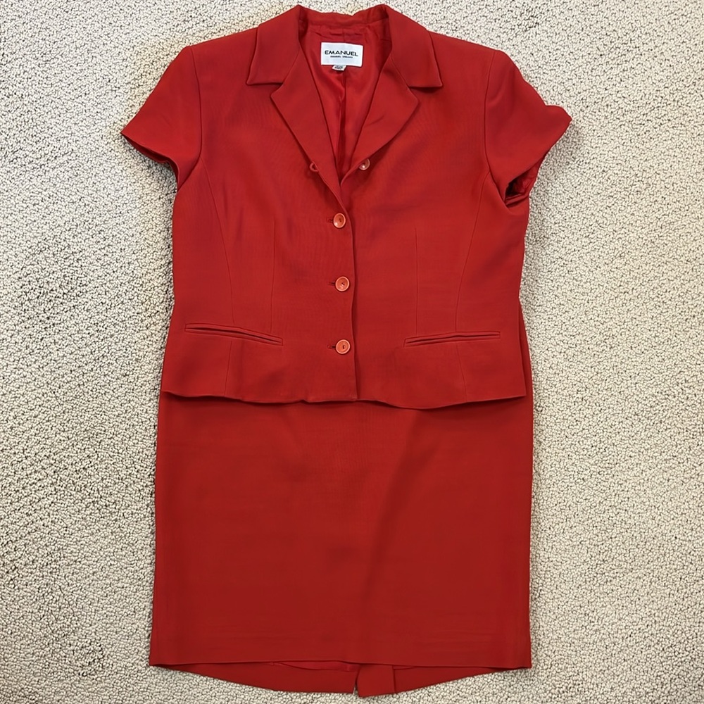 Emanuel Ungaro Vintage 1980s Red Twill Tailored Skirt Suit Set Avant Garde 12/46